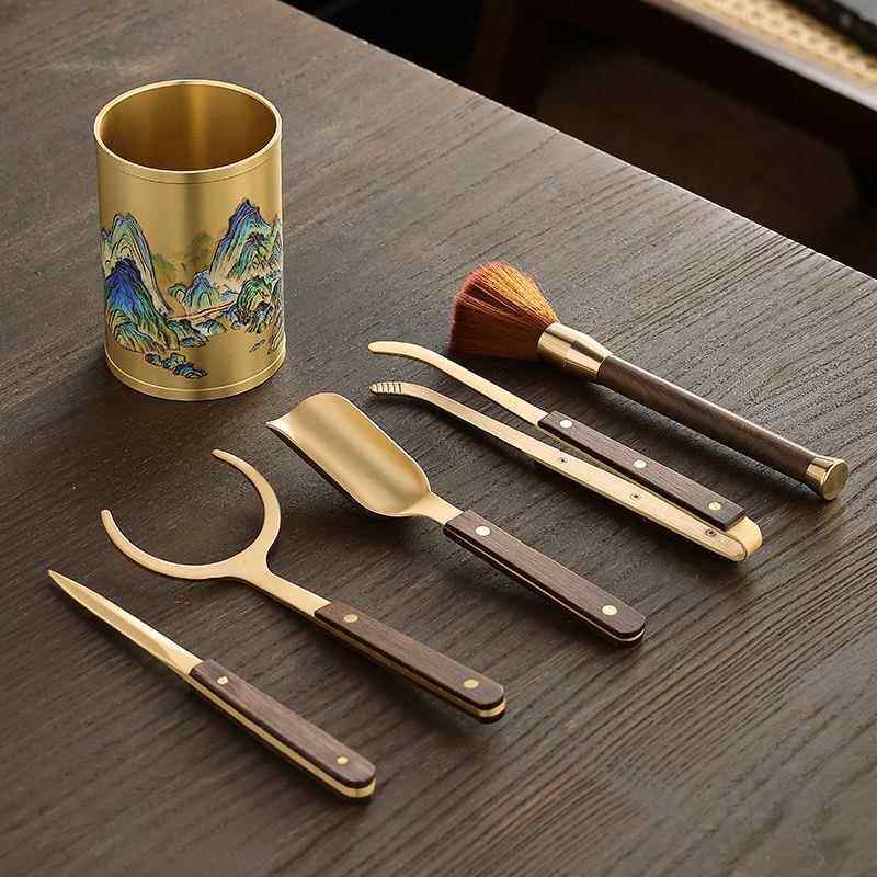 纯黄铜六子功夫茶具大全茶刀夹子GZV勺茶道茶茶艺黑君檀配茶件