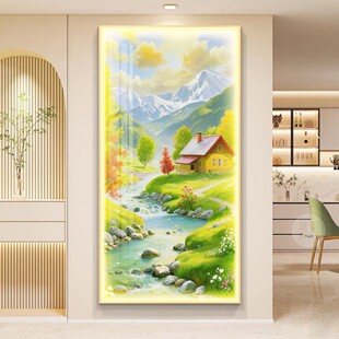 青山绿水玄关装饰画轻奢大气入户正对门挂画高级感led灯竖版壁画