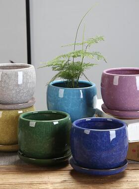 果冻色紫砂多肉植物冰裂彩釉陶瓷花盆托盘水土培手工花器包邮