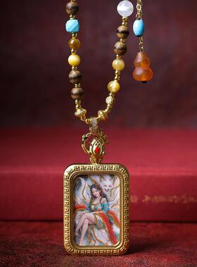 新款钛钢手绘描金九尾狐唐卡 保色电镀吊坠 虎眼石黄油沉香木项链