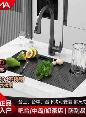 隐藏式吧台水槽厨房隐形手工单槽带盖中岛小号水盆304不锈钢水槽
