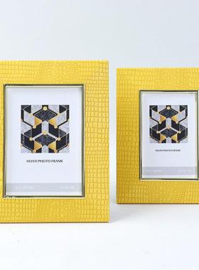 新式皮中托革盘组合新中式皮革相框时钟面摆件桌HYHY-911样板间卧