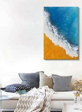 盘古油画蓝色海浪砂岩画厚肌理纯手绘油画 石英砂颜料画玄关画