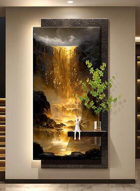 轻奢流水生财玄关装饰画聚宝盆走廊砂岩壁画灯水培绿植入户门挂画