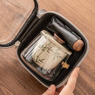 翠绿文竹手绘旅行茶具便携式 高端侧把壶 一壶两杯户外功夫泡茶套装