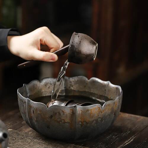 复古陶瓷茶洗茶室仿古做旧鎏金茶渣盆中式粗陶杯洗笔洗水洗废水缸