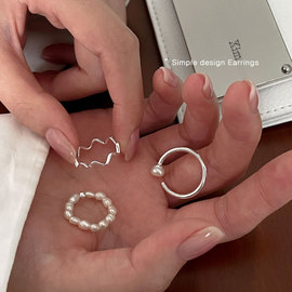 戒指女小众设计感纯银，珍珠素圈2022潮开口叠戴波浪指环食指戒