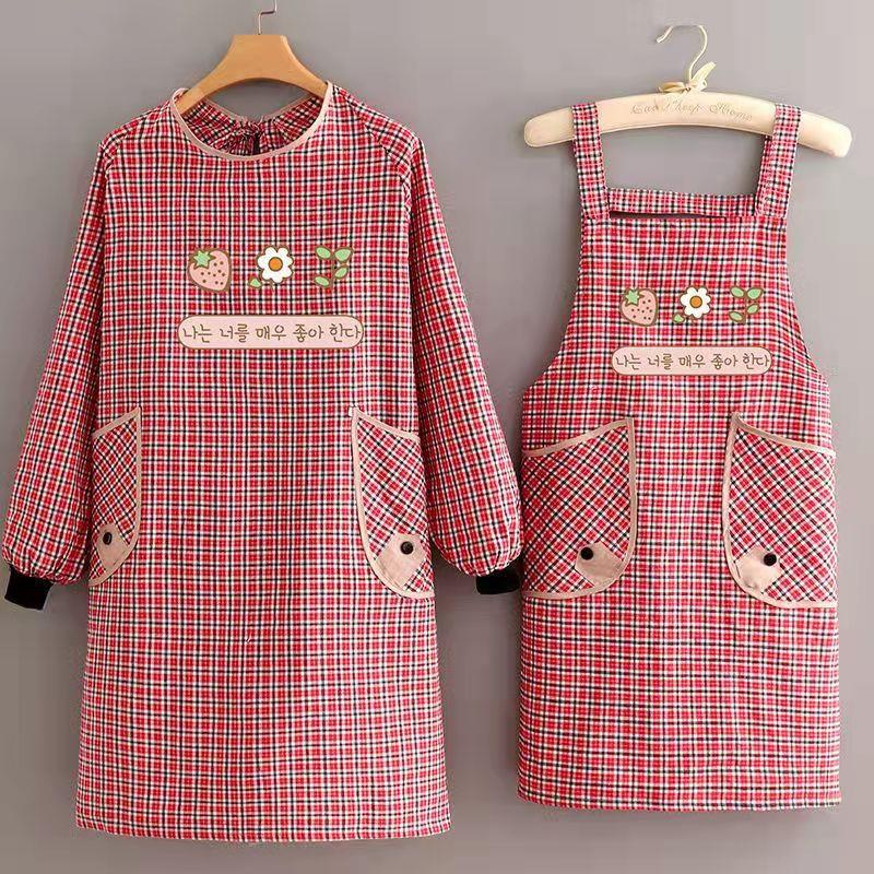 棉布背带围裙工厂现货长袖罩衣厨房家用做饭围腰双兜工作服女