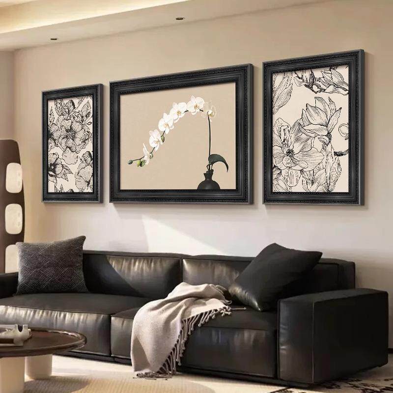 法式中古风客厅装饰画高级感沙发背景墙壁画复古艺术花卉三联壁画