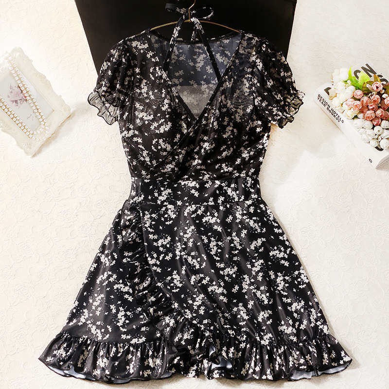 黑色碎花游泳衣微胖女孩连体保守遮肚子显瘦2023新款泡温泉泳装女