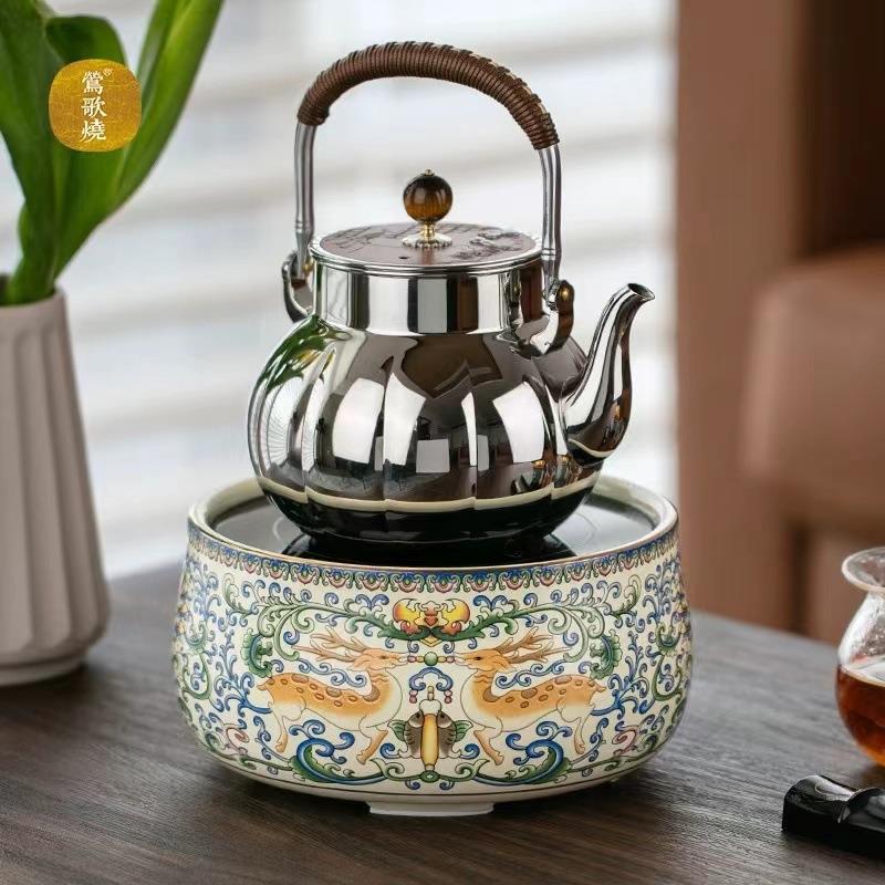 莺歌烧电陶炉福禄有余静音家用煮茶器围炉煮茶炉银壶铁壶不挑壶