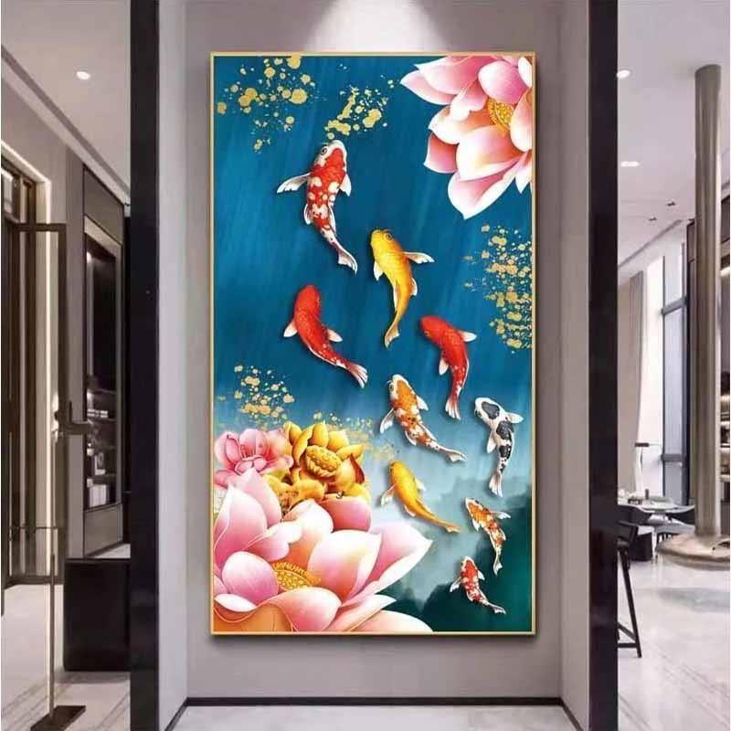 竖版荷花九鱼图十字绣新款满绣客厅新款线绣十字绣