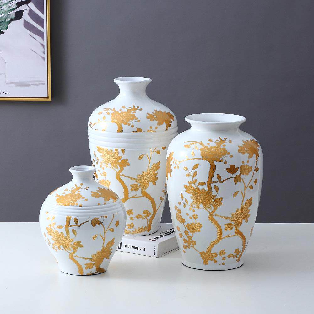 新中式家居摆件轻奢金花复古陶瓷花瓶软装样板间摆饰家居装饰罐子
