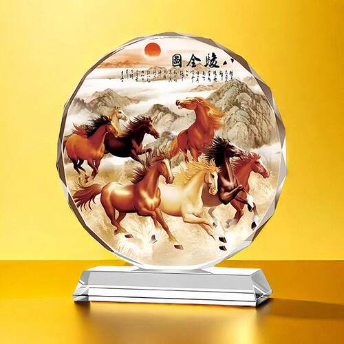 八骏图水晶摆件马到成功新中式办公室桌面装饰工艺礼品客厅玄关