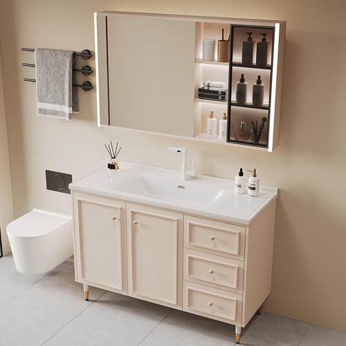 新款落地式浴室柜组合陶瓷一盆卫生间岩板左盆洗漱台洗脸盆柜组合