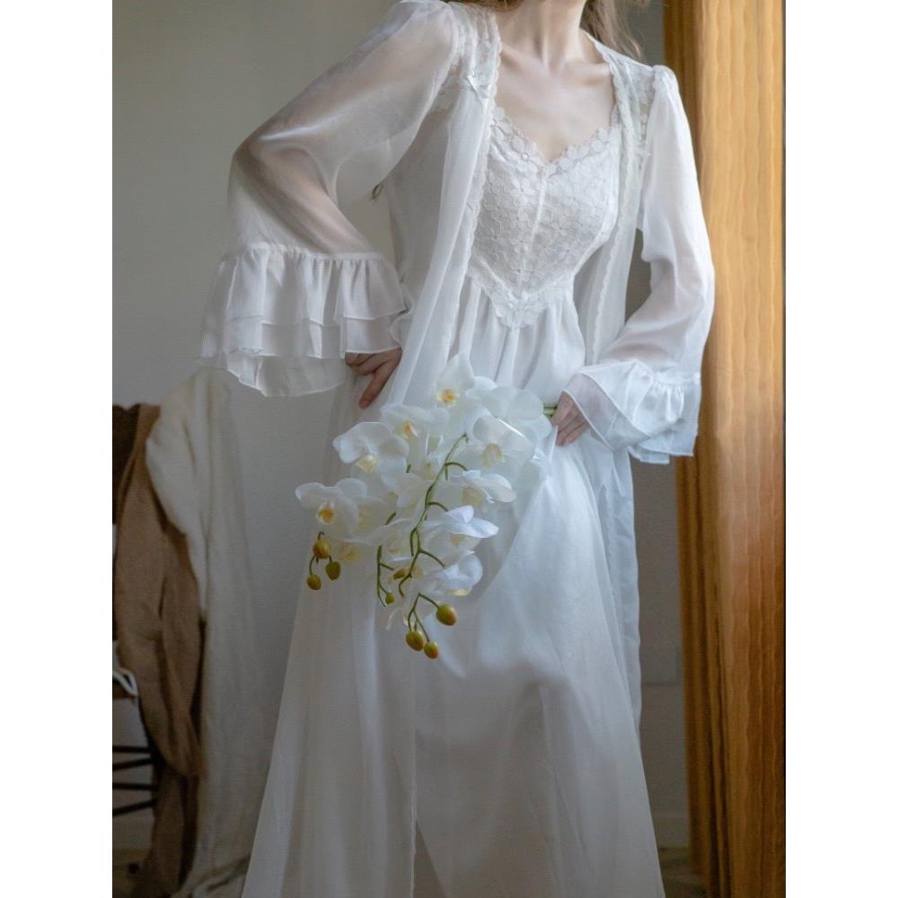 南丁格尔法式婚纱礼服女新娘高端小众浅色婚纱睡衣白色婚纱睡衣