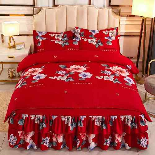 高档加厚纯棉婚庆四件全套毛床裙式棉磨床单中式新0婚大红色2.米