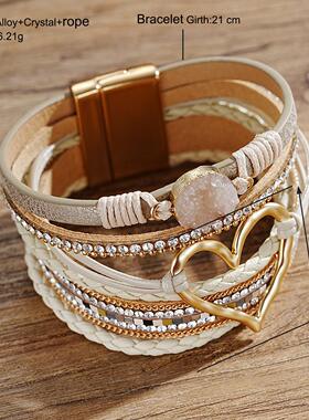 Leather bracelet 希音爆款PU心形装饰皮手炼波西米亚风编织手炼