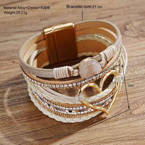 Leather bracelet 希音爆款PU心形装饰皮手炼波西米亚风编织手炼