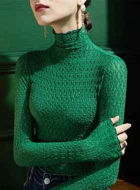 高领蕾丝打底衫女网纱秋冬新款修身内搭洋气小衫格子木耳边0102h