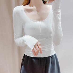 春夏季针织打底衫女薄款内搭长袖防晒u领T恤纯欲大领口辣妹0308z