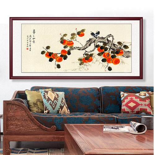 事事如意柿子图手绘客厅装饰画 画沙发背景墙新中式玄关饭厅挂画