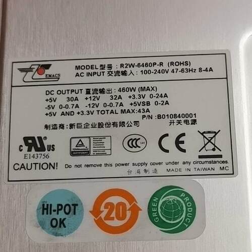 原装ZIPPY新巨R2W-6460P-R防火墙服务器电源460w