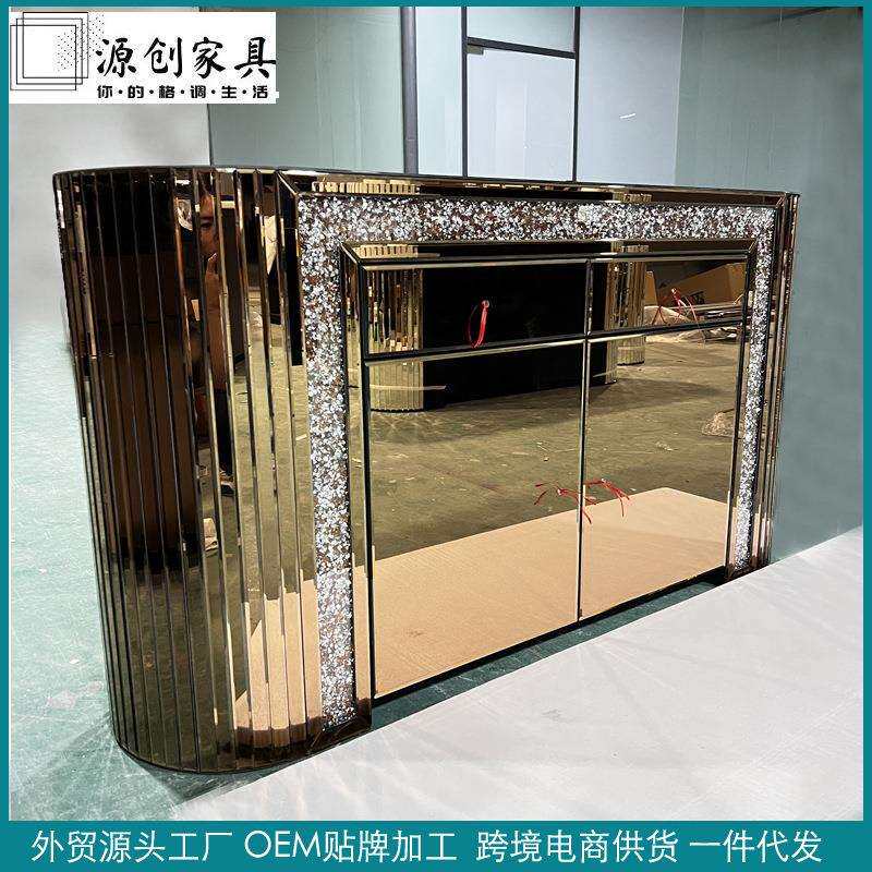 圆角镜面餐边柜玻璃橱柜储物柜轻奢斜边柜两门抽屉柜外贸直销柜子
