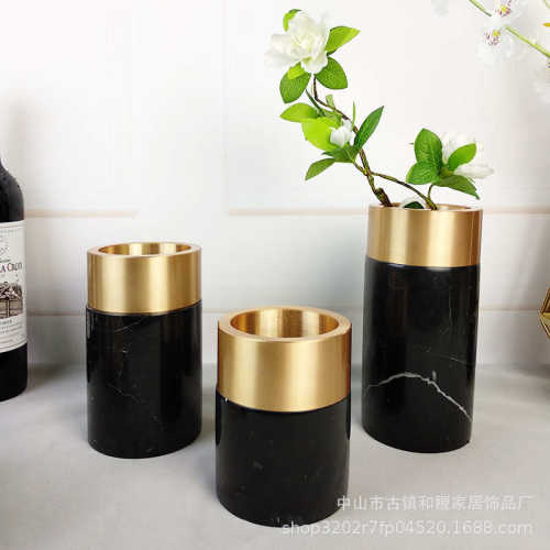 现代简约家居软装饰品桌面花插样板房花瓶摆件黑色大理石花器