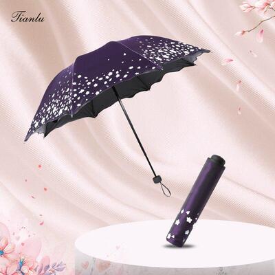 天禄变色龙闪光布小花皱折七折遮阳伞雨或阳光伞防晒乙烯基