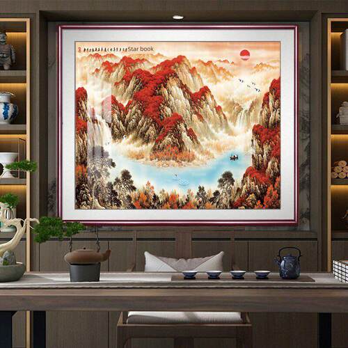 网红色长城靠公山山水画办室挂书画装饰墙画金客厅背景江山壁画