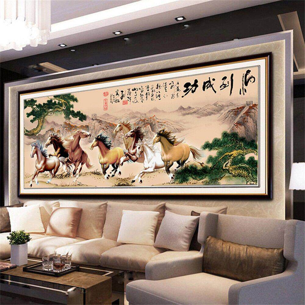 八骏图钻石画2023年新款砖石贴画客厅马到成功八匹骏马俊马十字绣