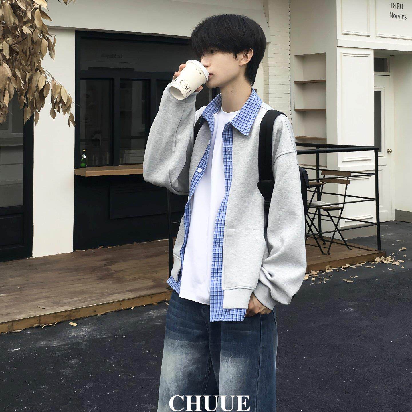 CHUUE/拼接假两件衬衫男2026韩系学院风宽松翻领长袖T恤外套潮