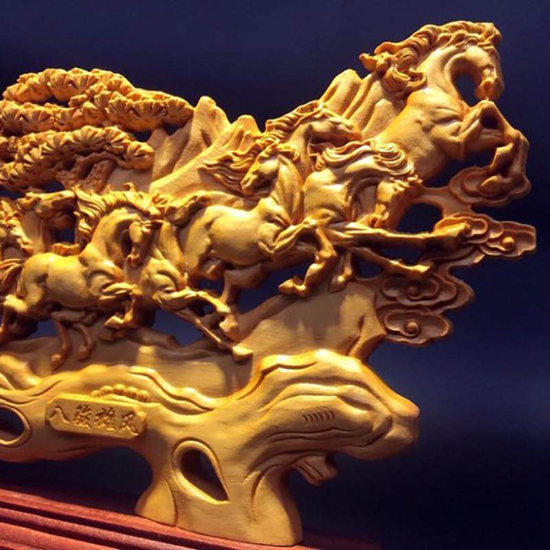 崖柏八马摆件木雕精雕工艺品双面雕 八马雄风八骏图办公送礼佳选