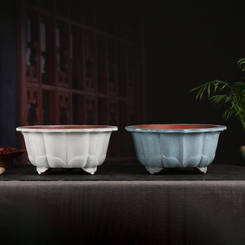 张治诚紫砂釉水花盆云脚手工莲花黑松仙客来吊钟海棠盆景YZ50