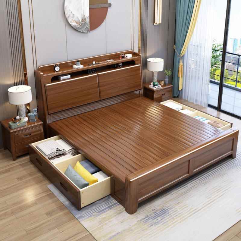 现箱代中式桃PSB木简1.5米主卧室床轻奢1.8双人大床高储物实木约