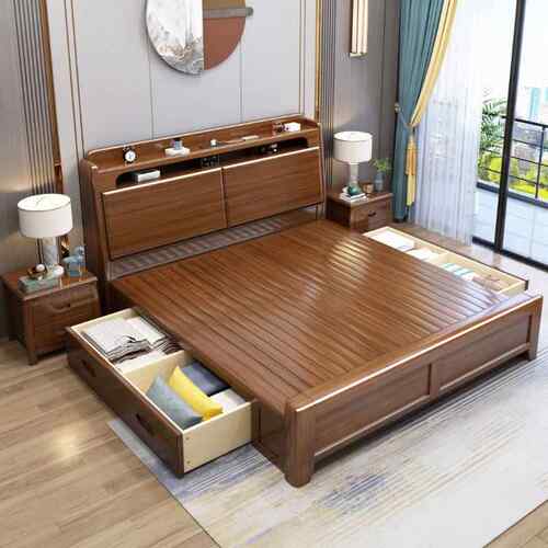 现代约中式胡桃木简卧.15米主室床轻奢1.8双人大床高箱储物实木床