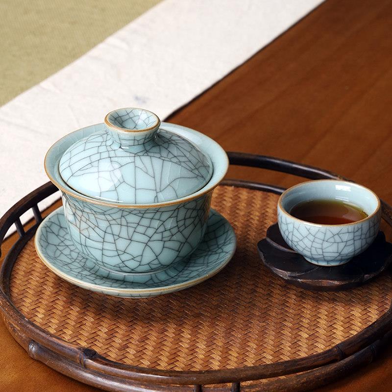 龙泉青瓷三才盖碗茶杯大号中式防烫高端功夫茶具单个家用泡茶哥窑