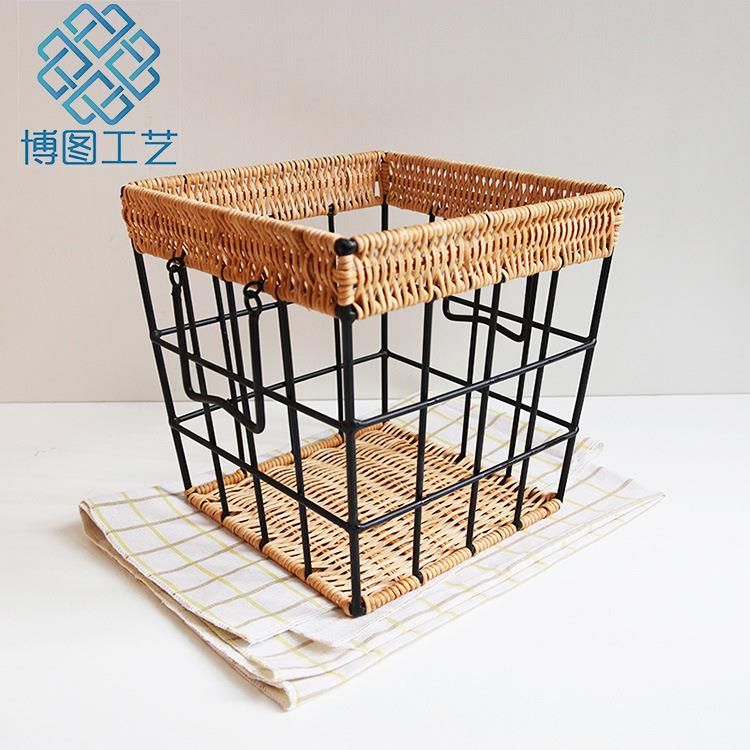 欧式斜口铁艺法棍面包篮方形藤编筐收纳篮手工编织收纳筐储物