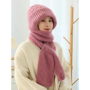 带围脖的一体帽子加绒冬天围巾女骑电动车防风帽东北冬季防寒针织