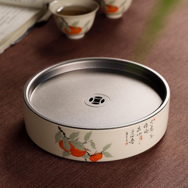 陶瓷蓄水茶盘功夫茶具金属锡盖双层壶承干泡茶台简约家用