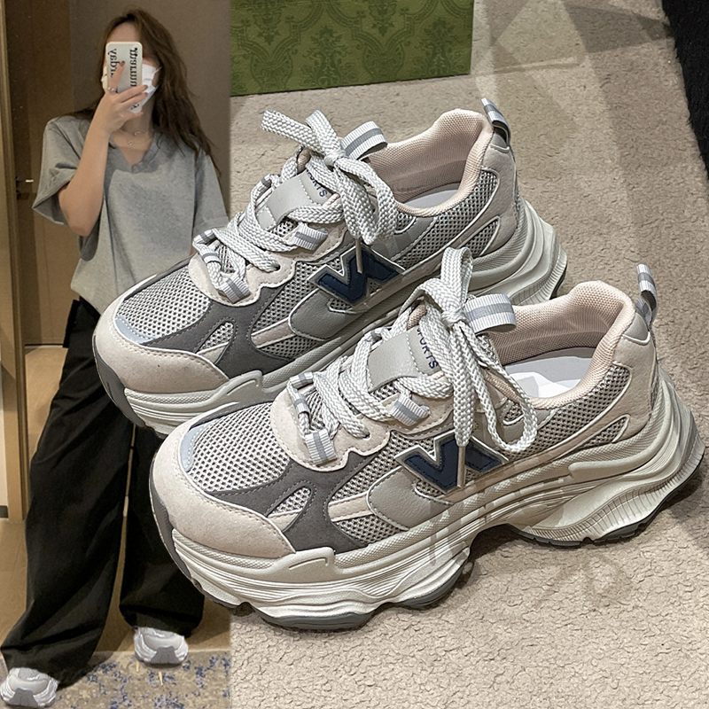 网面运动鞋女2025春夏季新款百搭透气老爹鞋厚底休闲跑步鞋ins潮