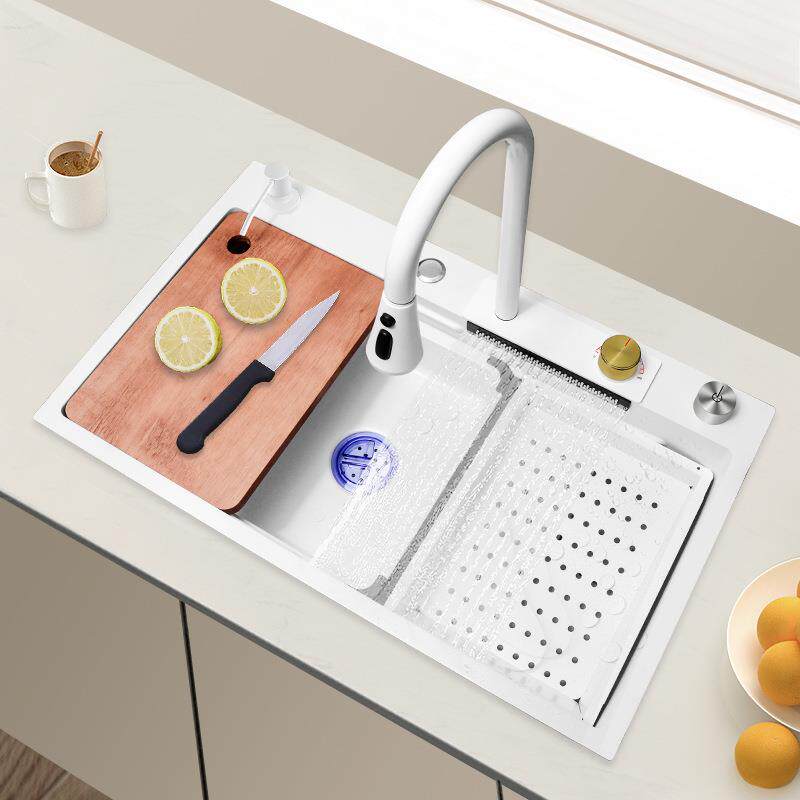 白色飞雨瀑布水槽 304不锈钢大单槽厨房洗菜盆台中台下家用洗碗池