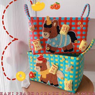 HD12199A08好运发财毛巾绣小马菜篮子编织收纳筐家具卧室收纳篮子