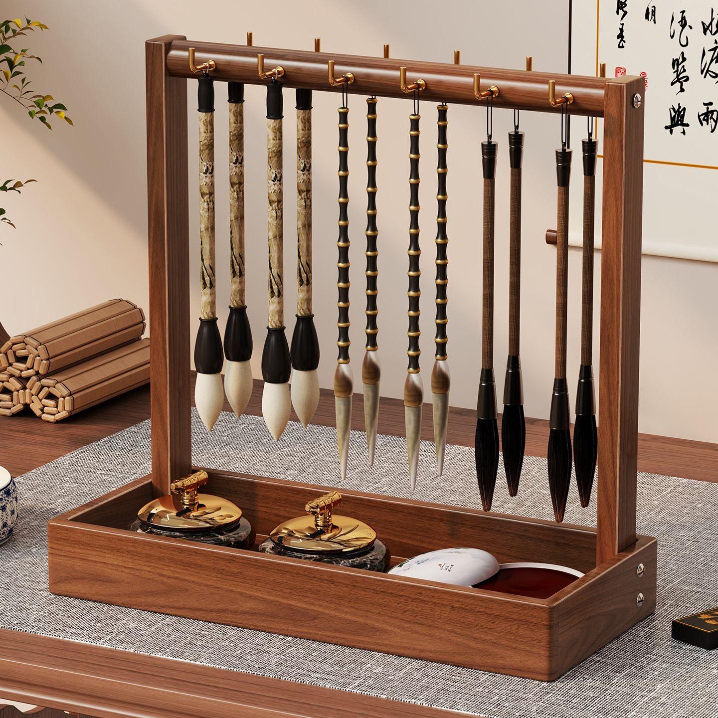 毛笔挂架实木收纳架桌面笔挂笔架学生文房四宝展示架悬挂式书法笔托架图片