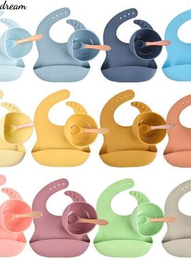 3Pcs Baby Silicone Bibs+Dinner Plate Bowl+Spoon Dishes Set