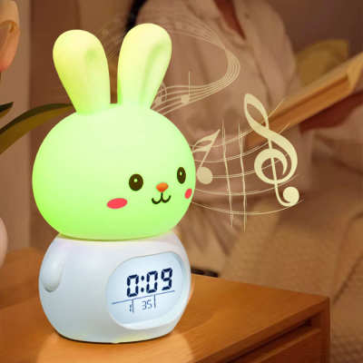 可爱兔子小夜灯硅胶拍拍灯智能床头可充电夜灯贪睡电子闹钟计时器
