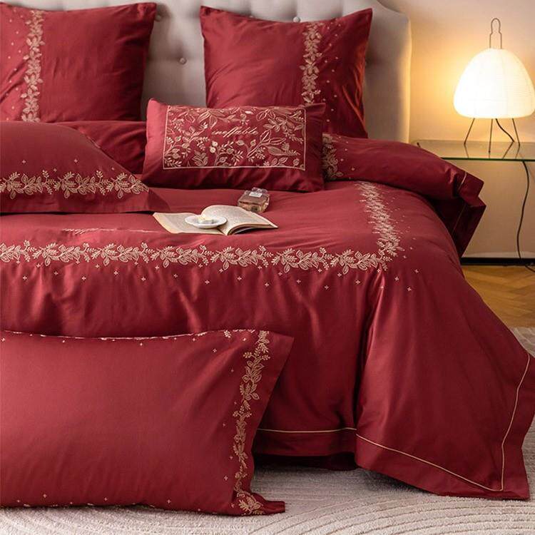 欧式风浪漫婚庆四季棉四件套大红色刺绣结婚被套床上用品1.8米