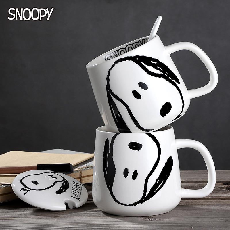 snoopy陶瓷马克杯家用带盖勺可爱女创意个性潮流情侣咖啡喝水杯子