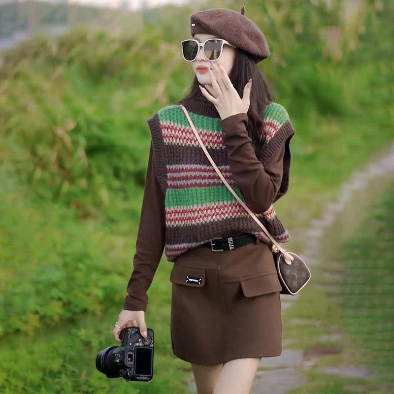 极速彩色条纹针织马甲女春秋季新款无袖坎肩毛衣外套外穿马甲背心